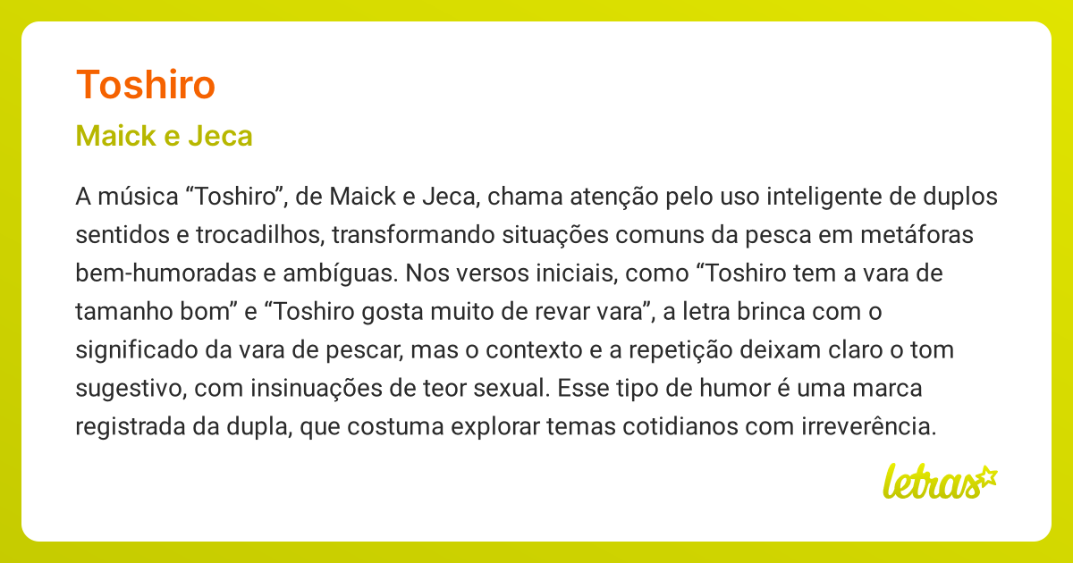 Significado da música TOSHIRO (Maick e Jeca) - LETRAS.MUS.BR