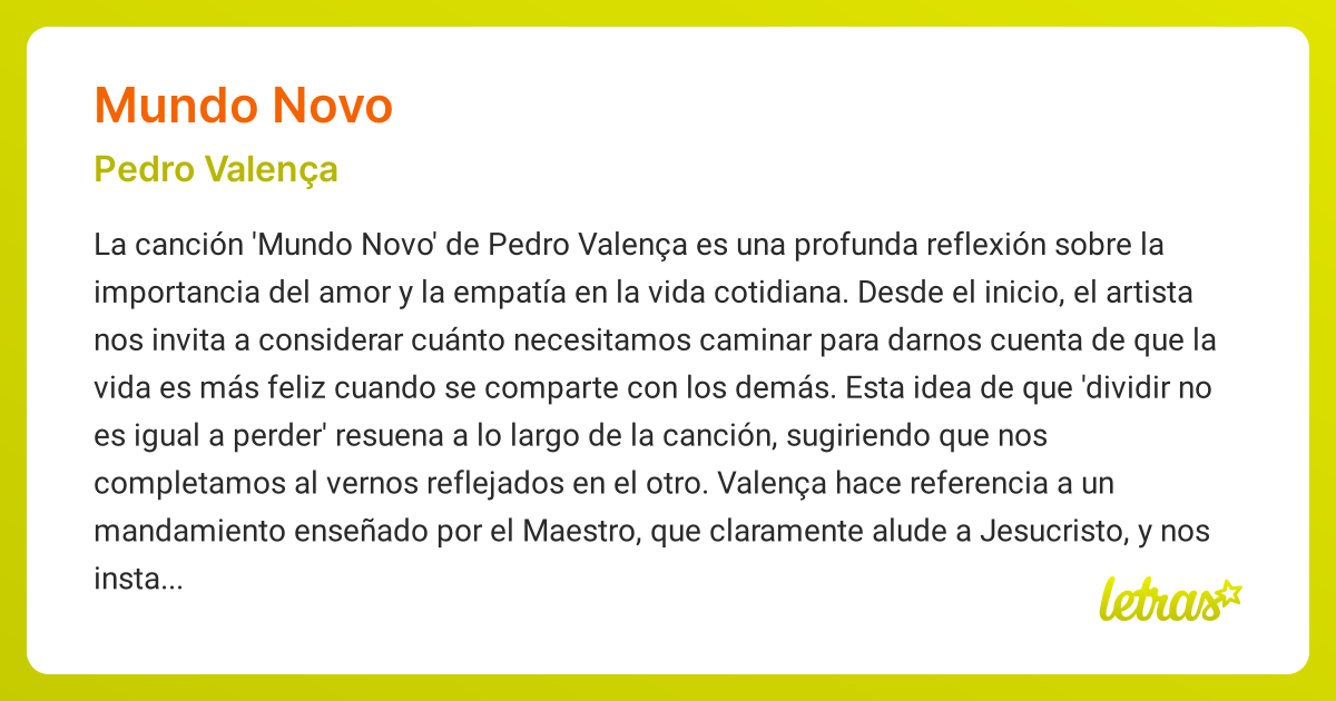 Significado de la canción MUNDO NOVO (Pedro Valença) - LETRAS.COM