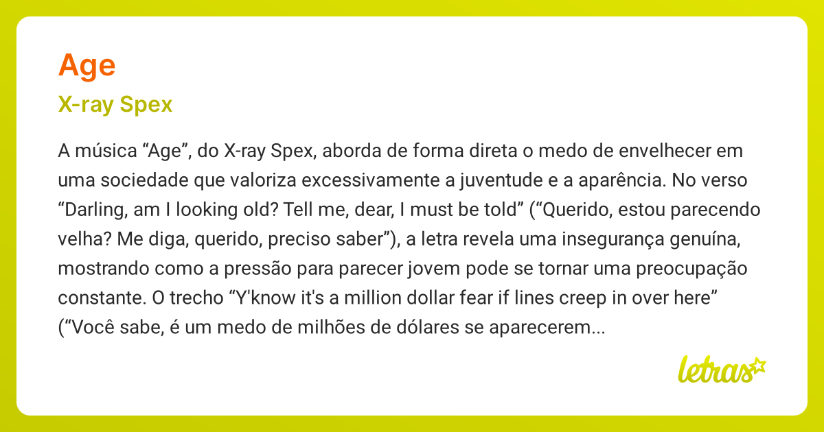 Significado da música AGE (X-ray Spex) - LETRAS.MUS.BR