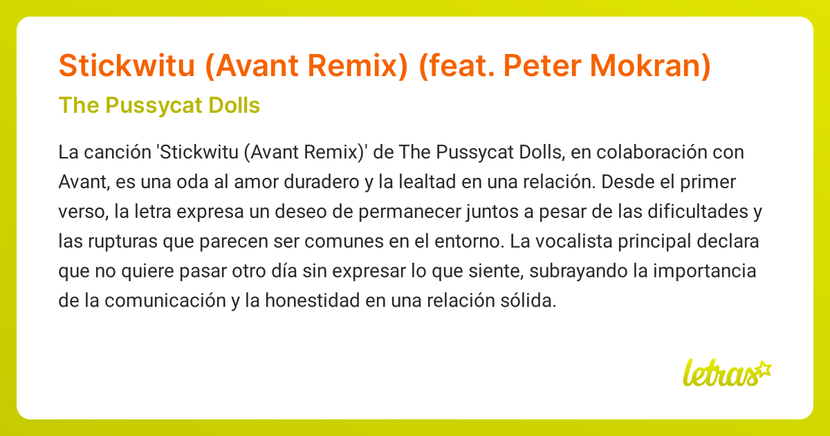 Significado de la canción Stickwitu (Avant Remix) (feat. Peter Mokran ...