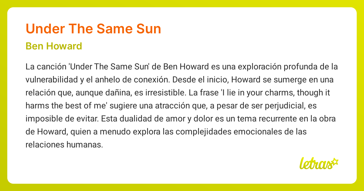 Significado de la canción UNDER THE SAME SUN (Ben Howard) - LETRAS.COM