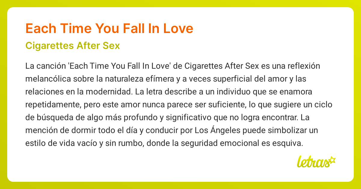 Significado de la canción EACH TIME YOU FALL IN LOVE (Cigarettes After Sex) 