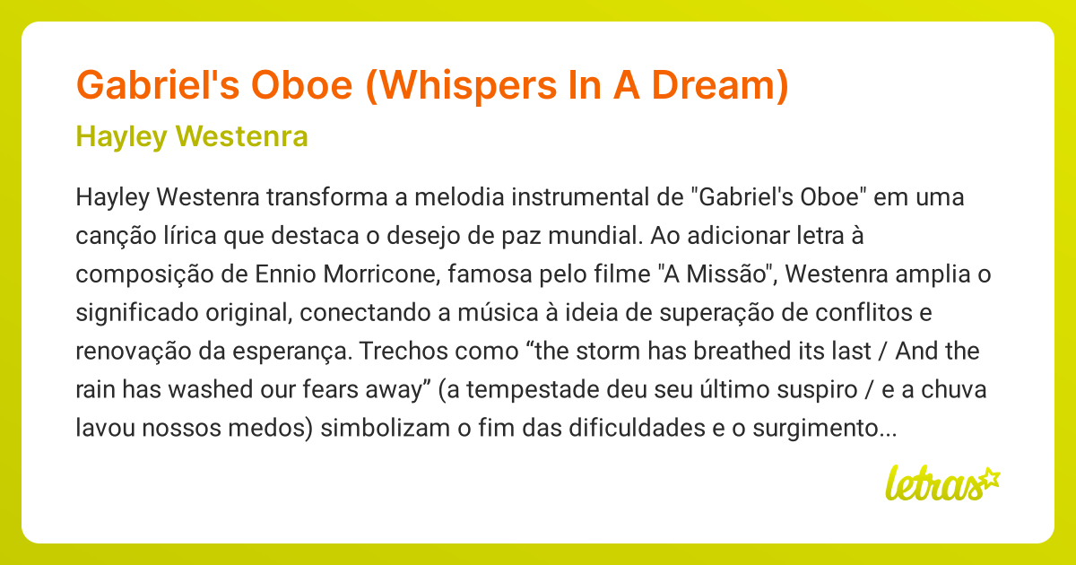Significado da música Gabriel's Oboe (Whispers In A Dream) (Hayley