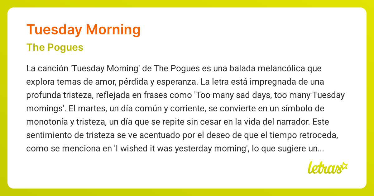 Significado de la canción TUESDAY MORNING (The Pogues) - LETRAS.COM