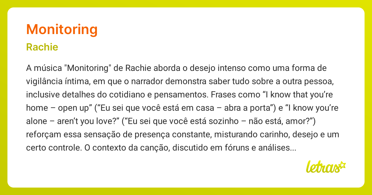 Significado da música MONITORING (Rachie) - LETRAS.MUS.BR