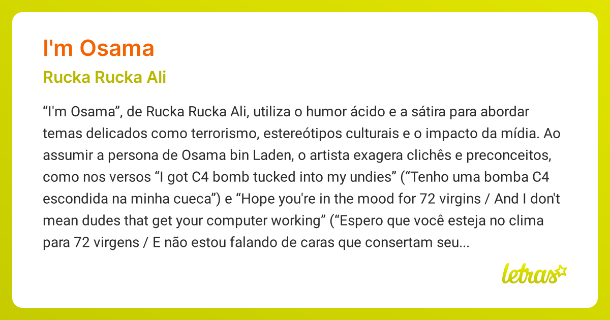 Significado da música I'M OSAMA (Rucka Rucka Ali) - LETRAS.MUS.BR