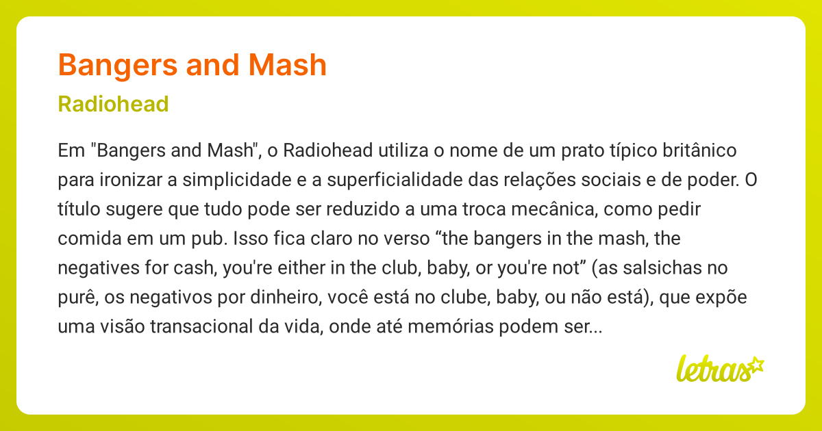Significado da música BANGERS AND MASH (Radiohead) LETRAS.MUS.BR