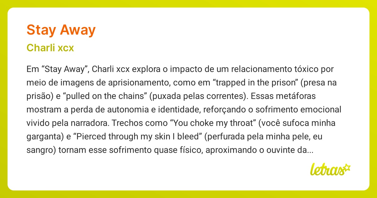 Significado da música STAY AWAY (Charli xcx) - LETRAS.MUS.BR