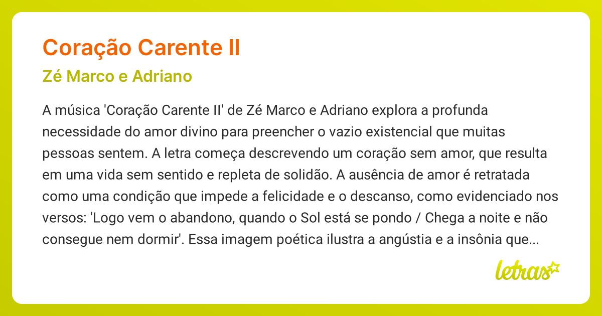 Significado da música CORAÇÃO CARENTE II (Zé Marco e Adriano) - LETRAS ...