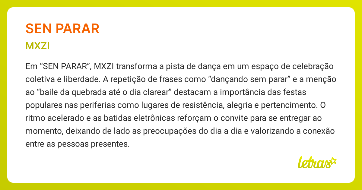 Significado da música SEN PARAR (MXZI) - LETRAS.MUS.BR