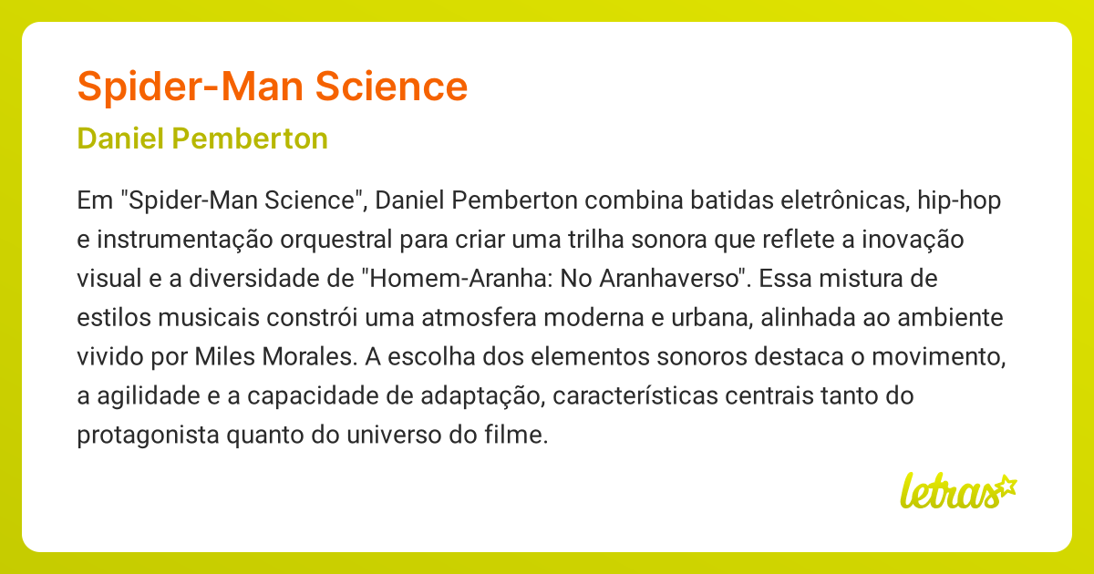 Significado da música SPIDER-MAN SCIENCE (Daniel Pemberton) - LETRAS.MUS.BR