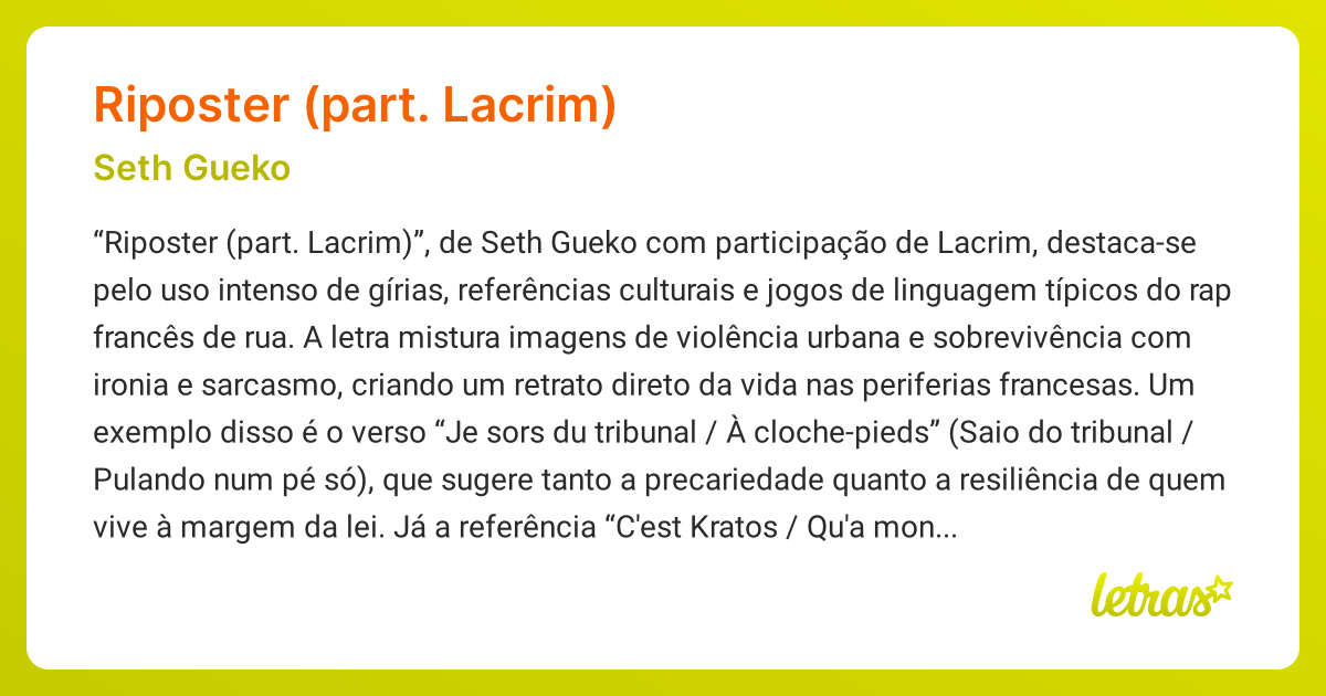 Significado da música RIPOSTER (PART. LACRIM) (Seth Gueko) - LETRAS.MUS.BR