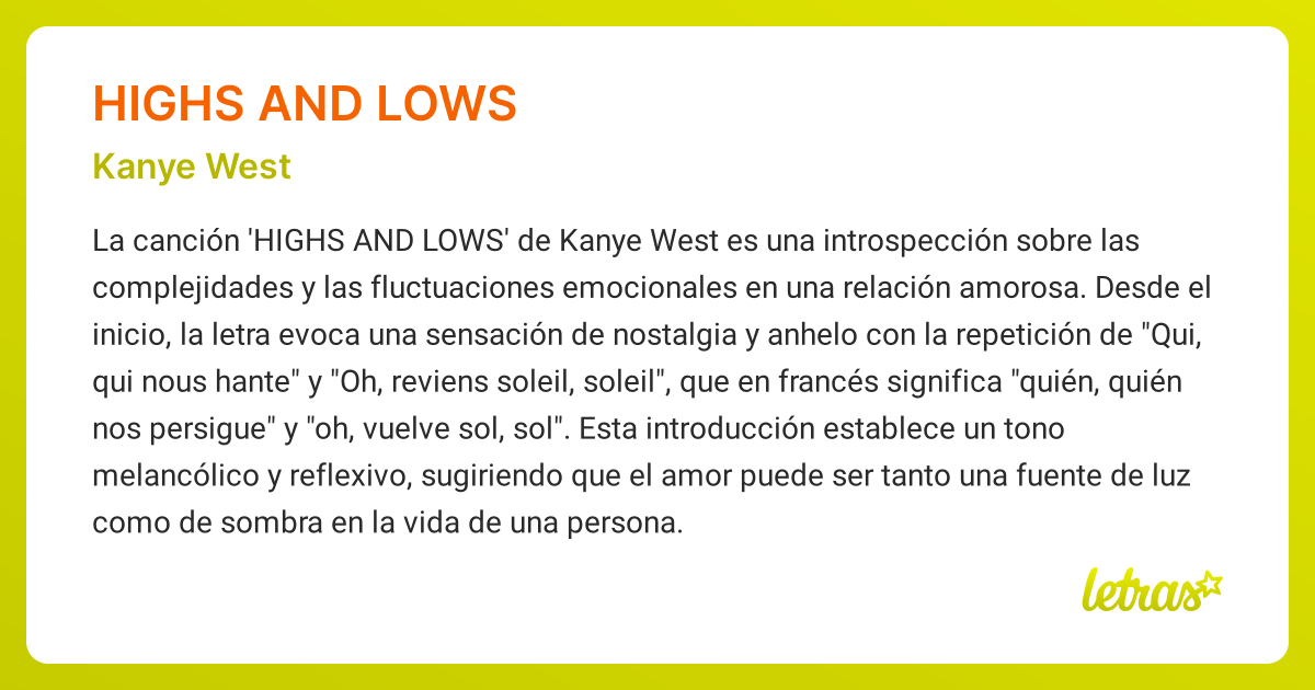 Significado de la canción HIGHS AND LOWS (Kanye West) - LETRAS.COM