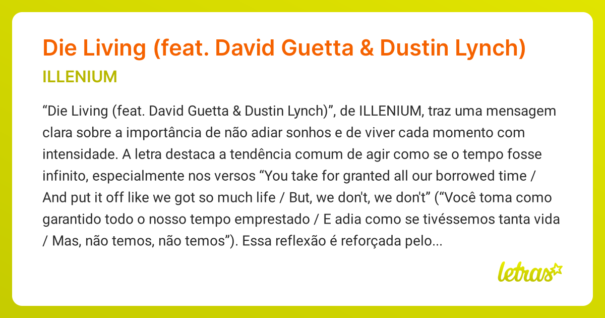 Significado da música Die Living (feat. David Guetta & Dustin Lynch ...