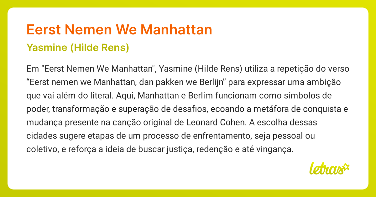 Significado da música EERST NEMEN WE MANHATTAN (Yasmine (Hilde Rens ...