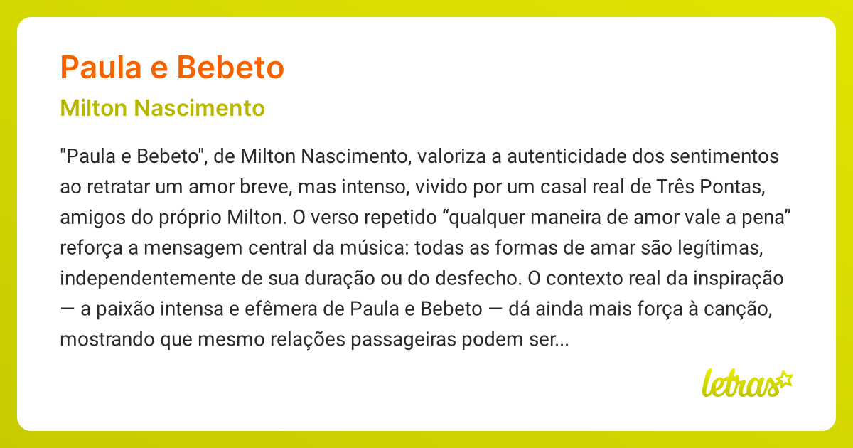 Significado da música PAULA E BEBETO (Milton Nascimento) - LETRAS.MUS.BR