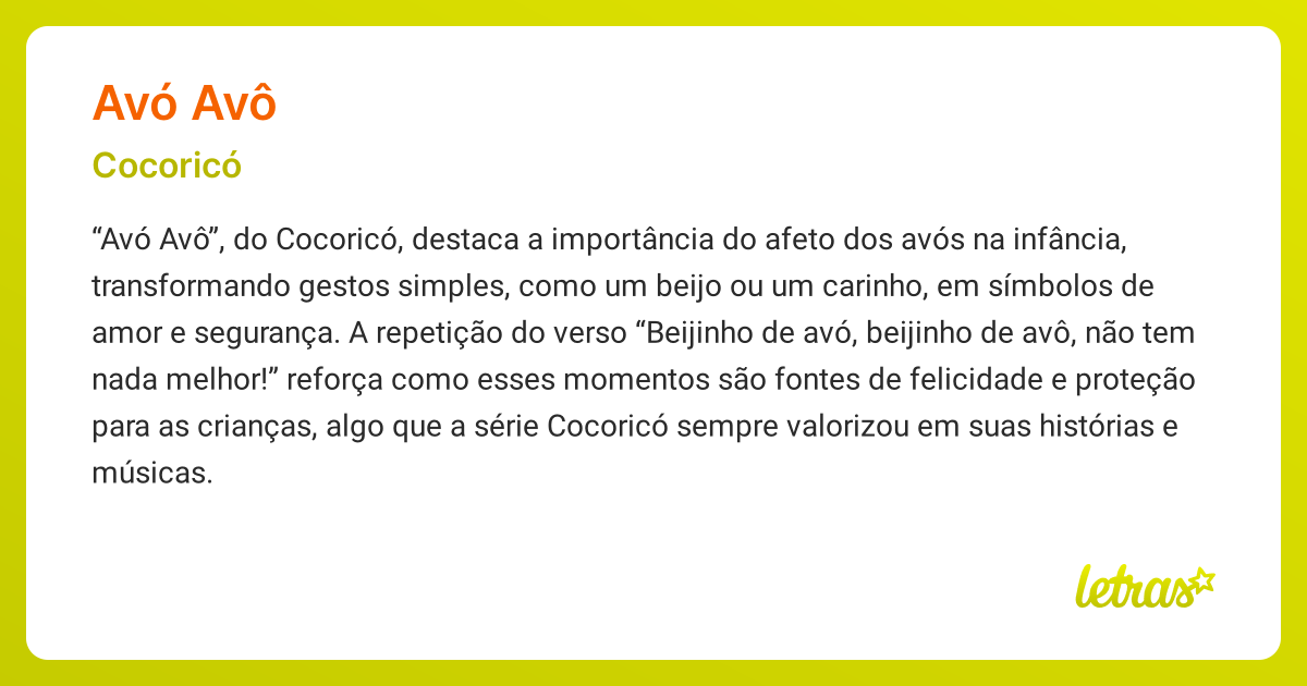 Significado da música AVÓ AVÔ (Cocoricó) - LETRAS.MUS.BR