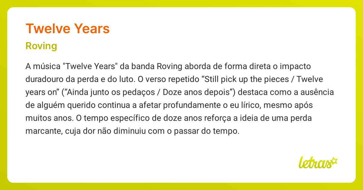 Significado da música TWELVE YEARS (Roving) - LETRAS.MUS.BR