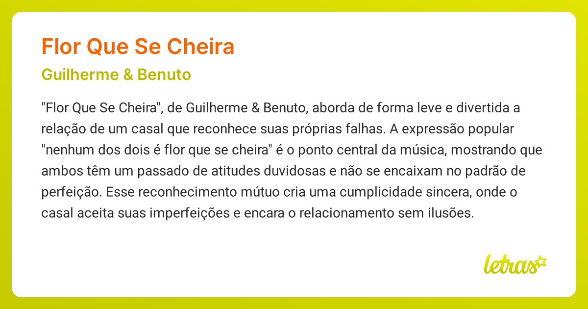 Significado da música FLOR QUE SE CHEIRA (Guilherme & Benuto) - LETRAS ...