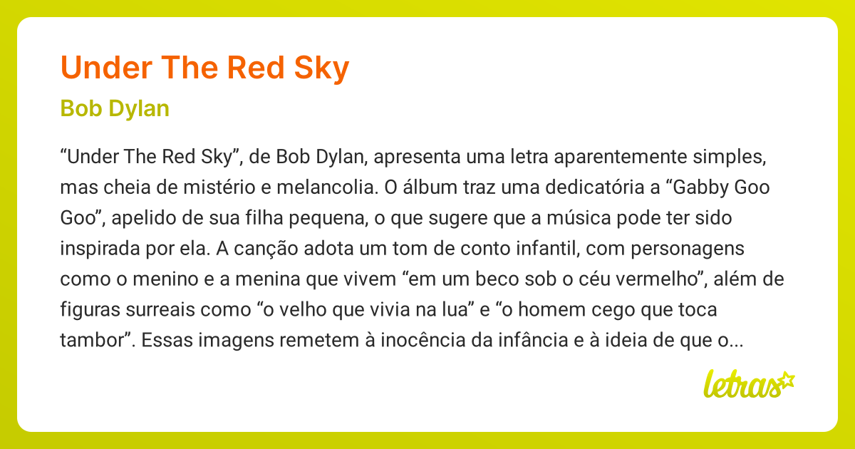 Significado da música UNDER THE RED SKY (Bob Dylan) - LETRAS.MUS.BR