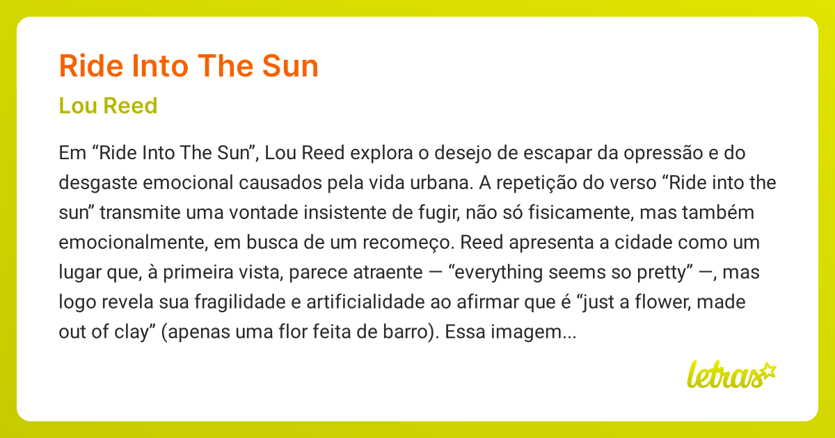 Significado da música RIDE INTO THE SUN (Lou Reed) - LETRAS.MUS.BR