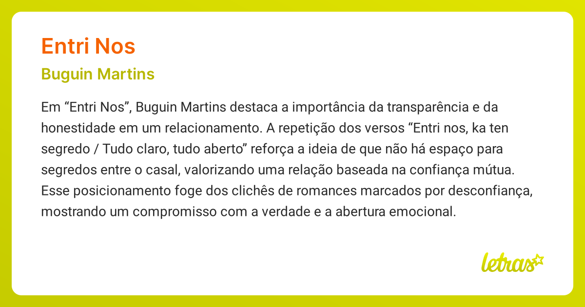 Significado da música ENTRI NOS (Buguin Martins) - LETRAS.MUS.BR