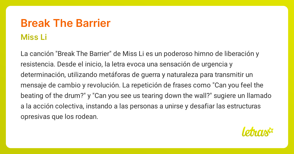 Significado de la canción BREAK THE BARRIER (Miss Li) - LETRAS.COM