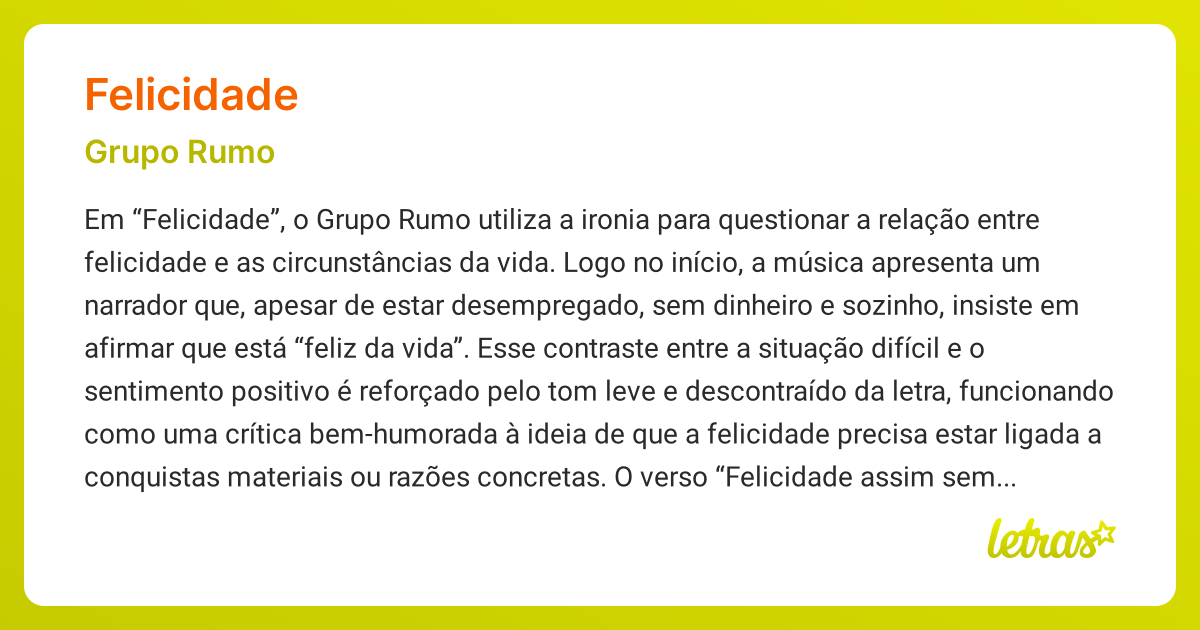 Significado da música FELICIDADE (Grupo Rumo) - LETRAS.MUS.BR