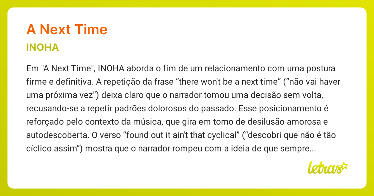 Significado da música A NEXT TIME (INOHA) - LETRAS.MUS.BR