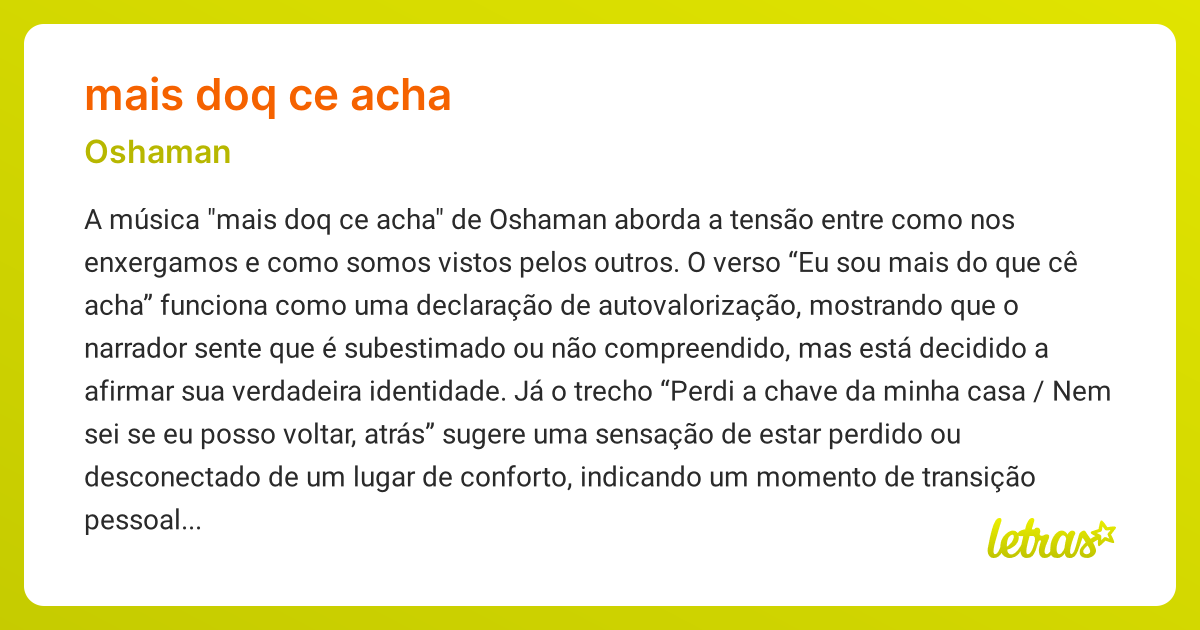 Significado da música MAIS DOQ CE ACHA (Oshaman) - LETRAS.MUS.BR