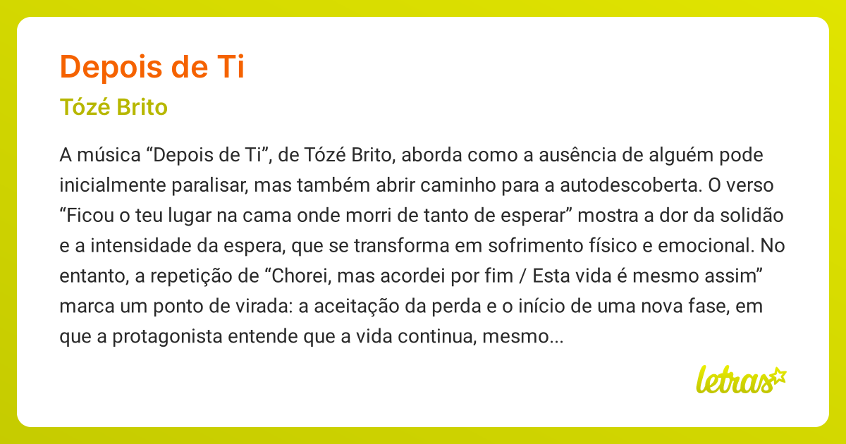 Significado da música DEPOIS DE TI (Tózé Brito) - LETRAS.MUS.BR