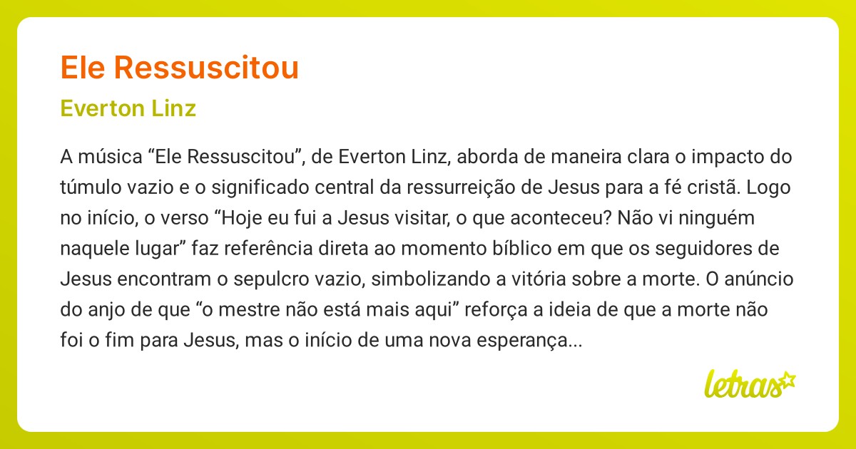 Significado da música ELE RESSUSCITOU (Everton Linz) - LETRAS.MUS.BR