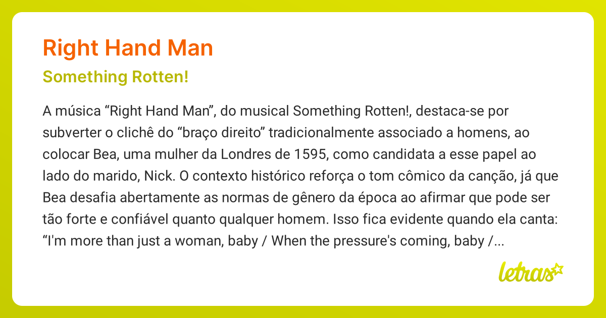 Significado da música RIGHT HAND MAN (Something Rotten!) - LETRAS.MUS.BR