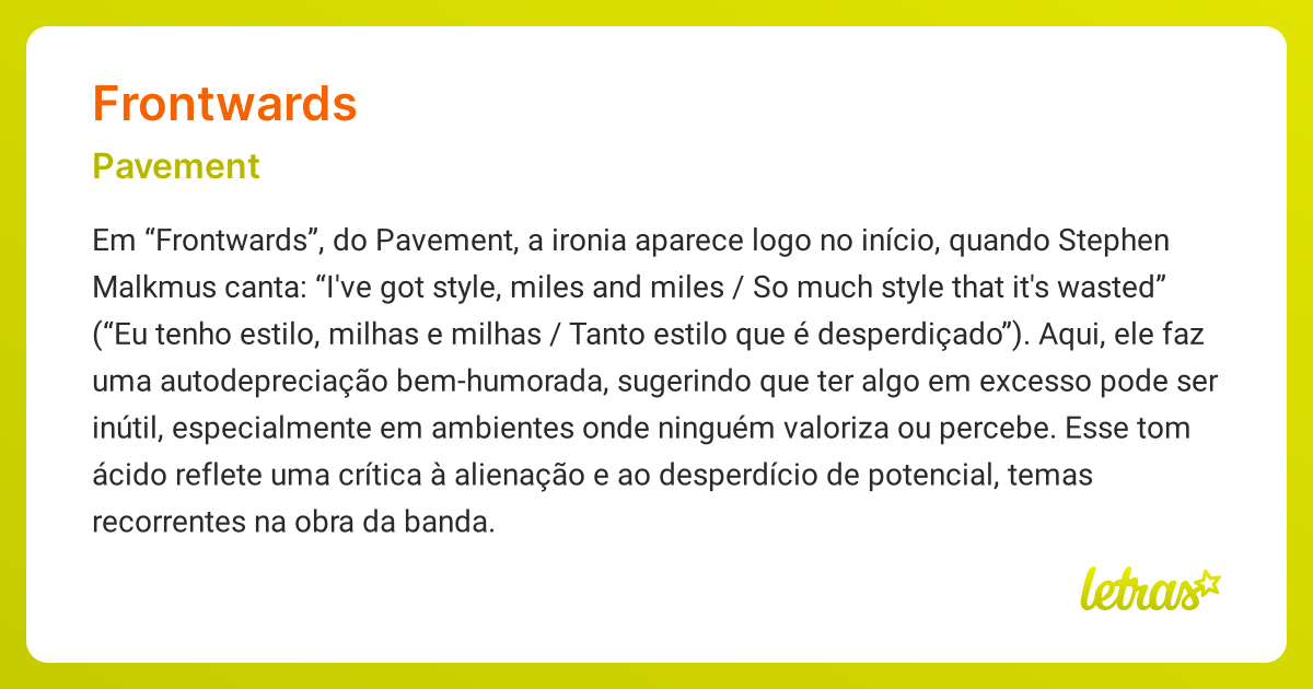 Significado da música FRONTWARDS (Pavement) - LETRAS.MUS.BR