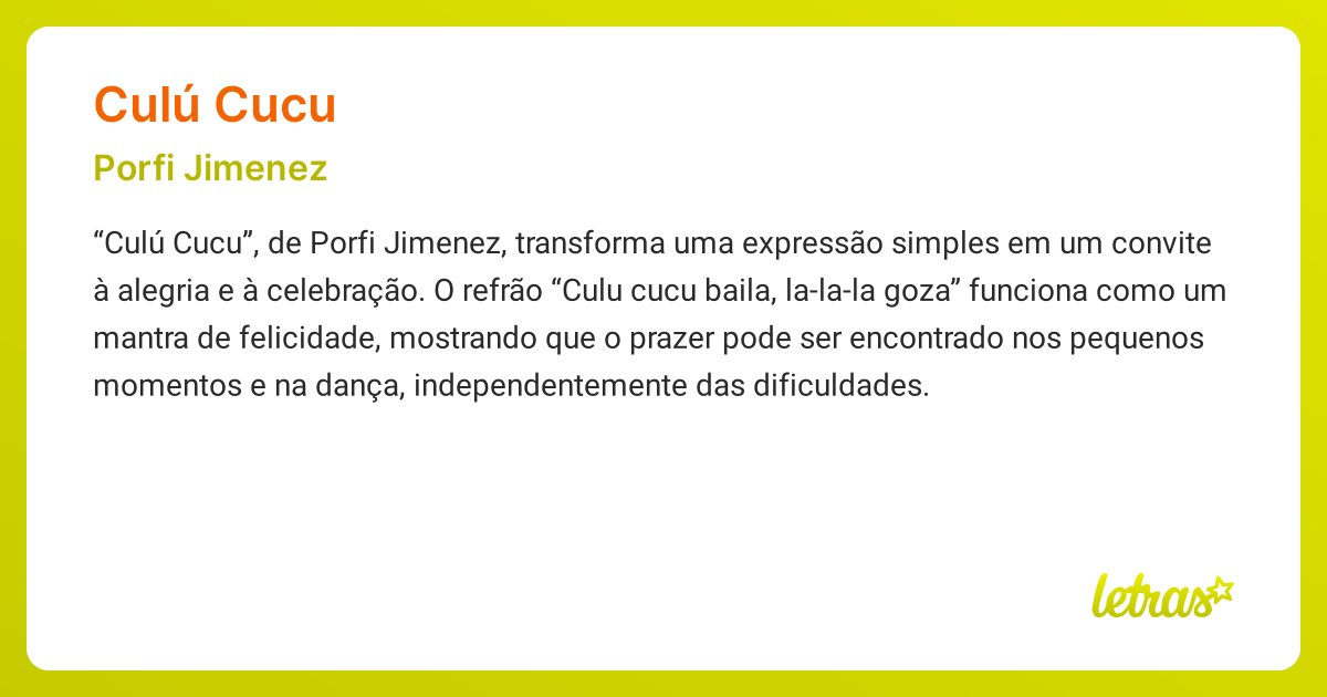 Significado da música CULÚ CUCU (Porfi Jimenez) - LETRAS.MUS.BR