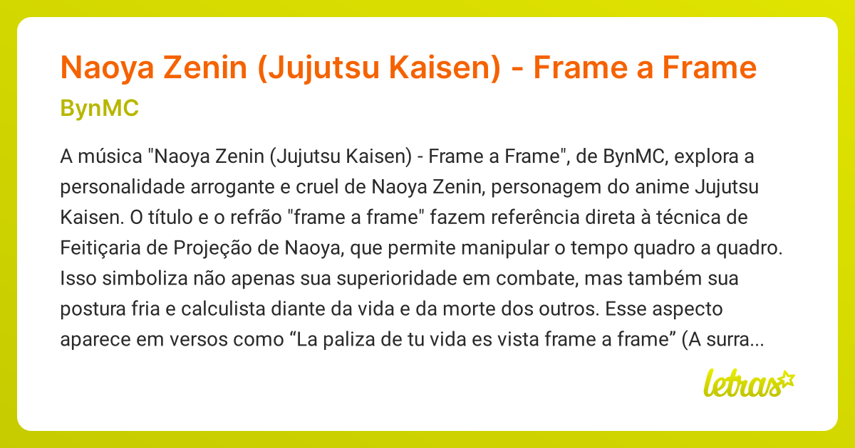 Significado da música Naoya Zenin (Jujutsu Kaisen) - Frame a Frame ...