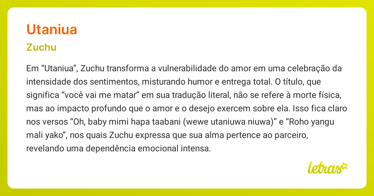 Significado da música UTANIUA (Zuchu) - LETRAS.MUS.BR