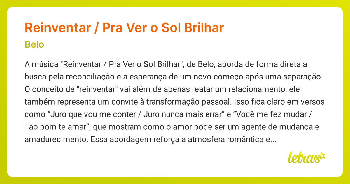 Significado da música Reinventar / Pra Ver o Sol Brilhar (Belo ...