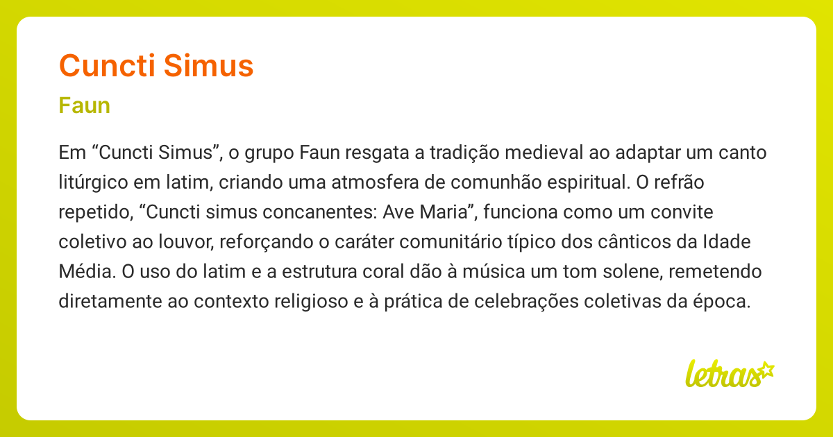 Significado da música CUNCTI SIMUS (Faun) - LETRAS.MUS.BR