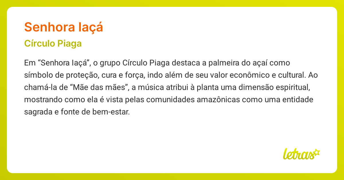 Significado da música SENHORA IAÇÁ (Círculo Piaga) - LETRAS.MUS.BR