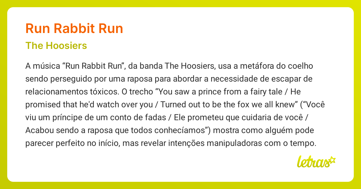 Significado da música RUN RABBIT RUN (The Hoosiers) - LETRAS.MUS.BR