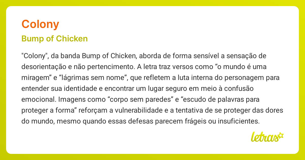 Significado da música COLONY (Bump of Chicken) - LETRAS.MUS.BR
