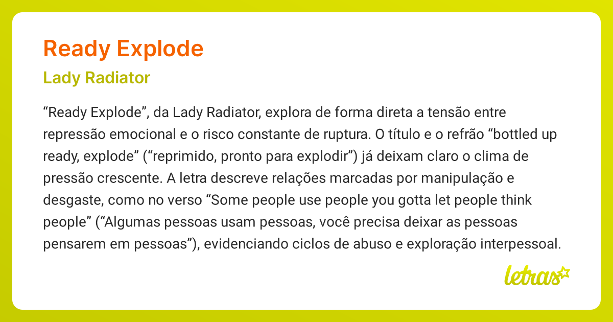Significado da música READY EXPLODE (Lady Radiator) - LETRAS.MUS.BR