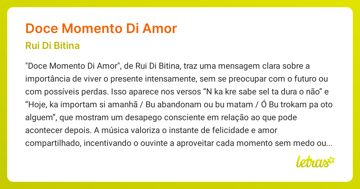 Significado da música DOCE MOMENTO DI AMOR (Rui Di Bitina) - LETRAS.MUS.BR