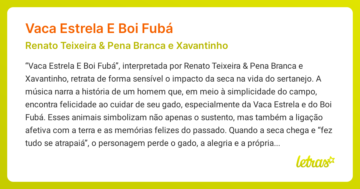 Significado da música VACA ESTRELA E BOI FUBÁ (Renato Teixeira & Pena ...