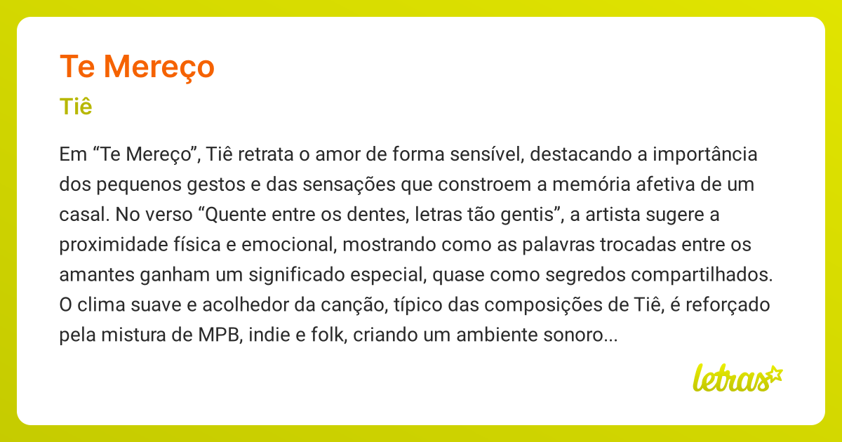 Significado da música TE MEREÇO (Tiê) - LETRAS.MUS.BR