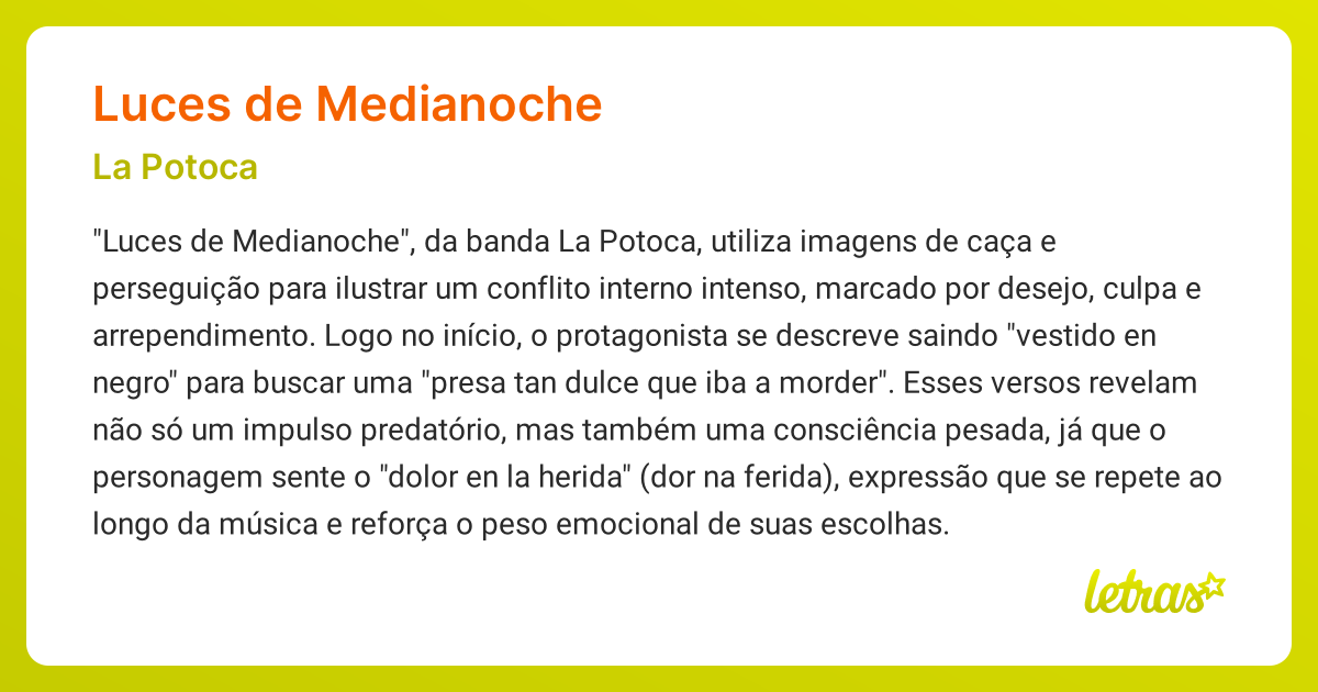 Significado da música LUCES DE MEDIANOCHE (La Potoca) - LETRAS.MUS.BR