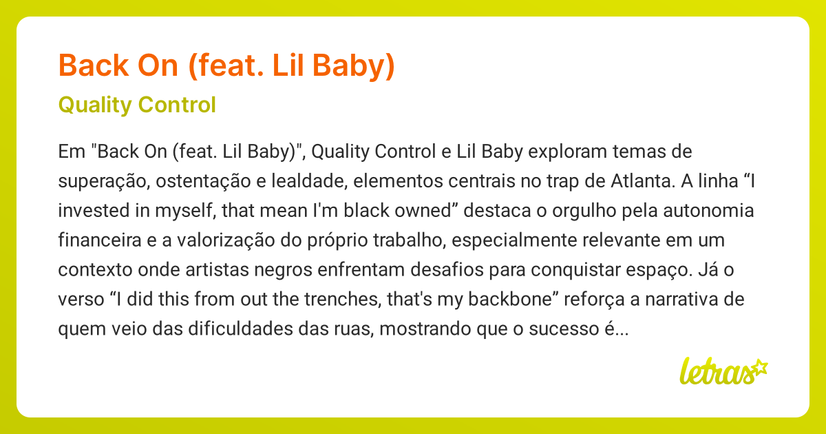 Significado da música BACK ON (FEAT. LIL BABY) (Quality Control ...