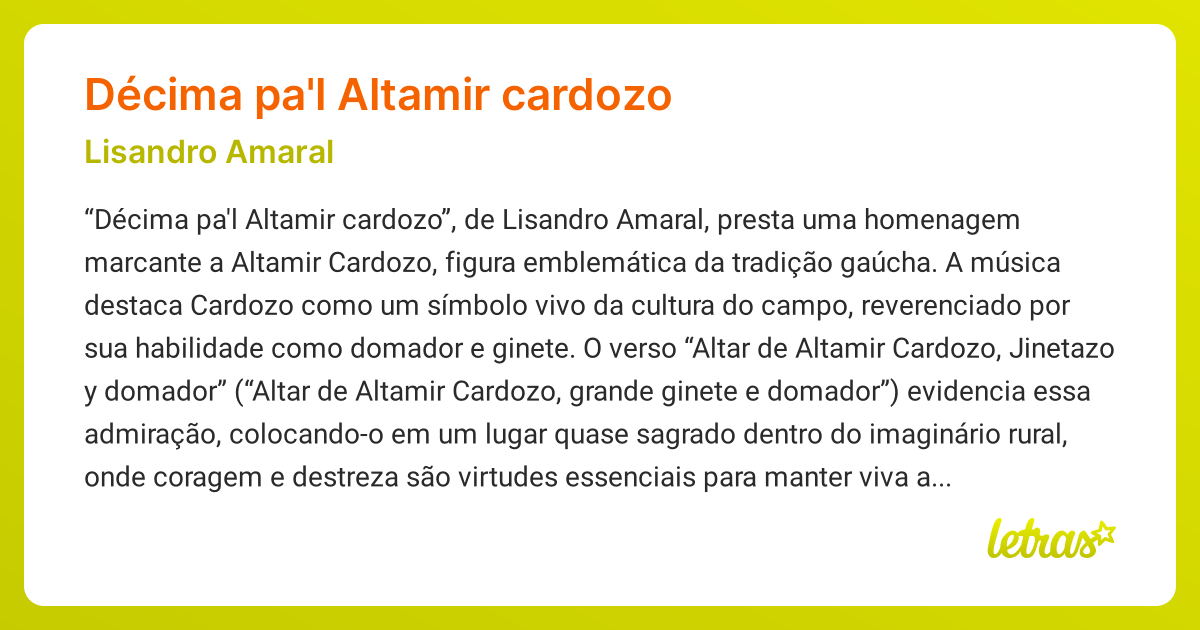 Significado da música DÉCIMA PA'L ALTAMIR CARDOZO (Lisandro Amaral ...