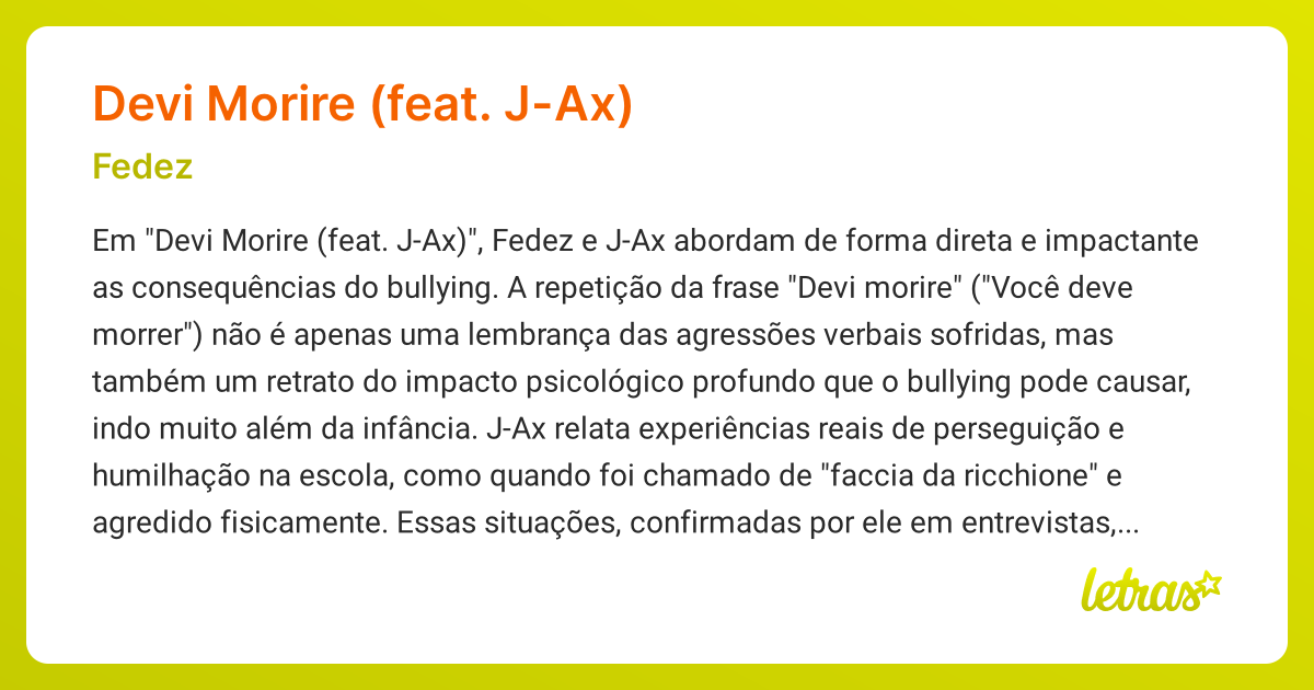 Significado da música DEVI MORIRE (FEAT. J-AX) (Fedez) - LETRAS.MUS.BR